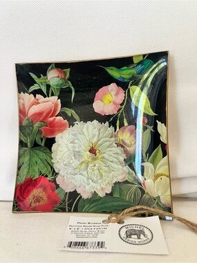 NWT Michel Design Works "Peony Blossom" Decoupage 6” Square Glass Trinket Dish